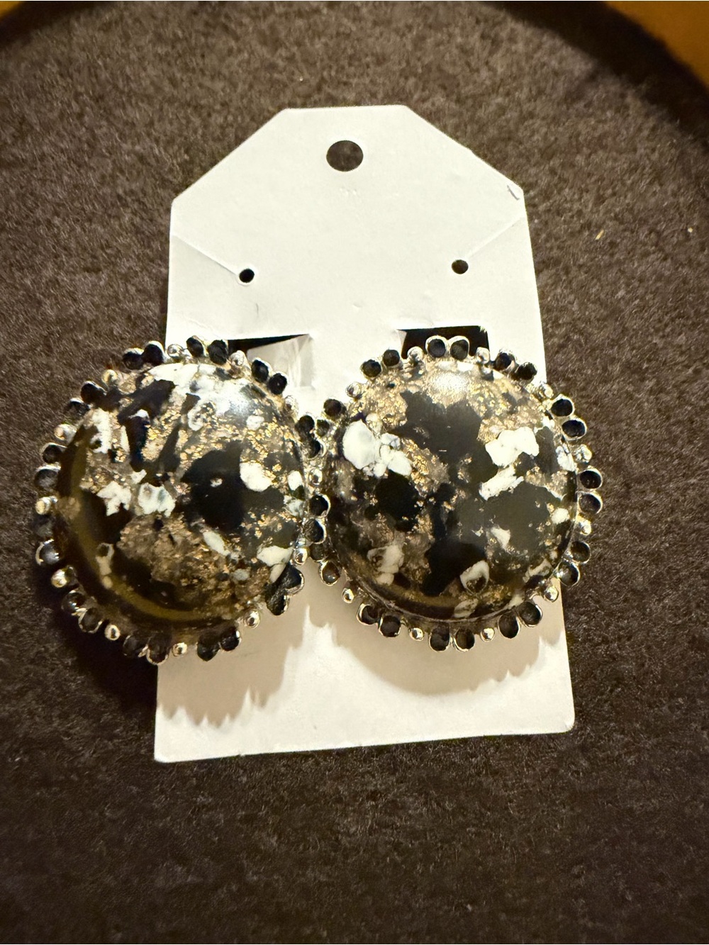 Round Black & Gold Resin Silver Tone Statement Clip-On Earrings